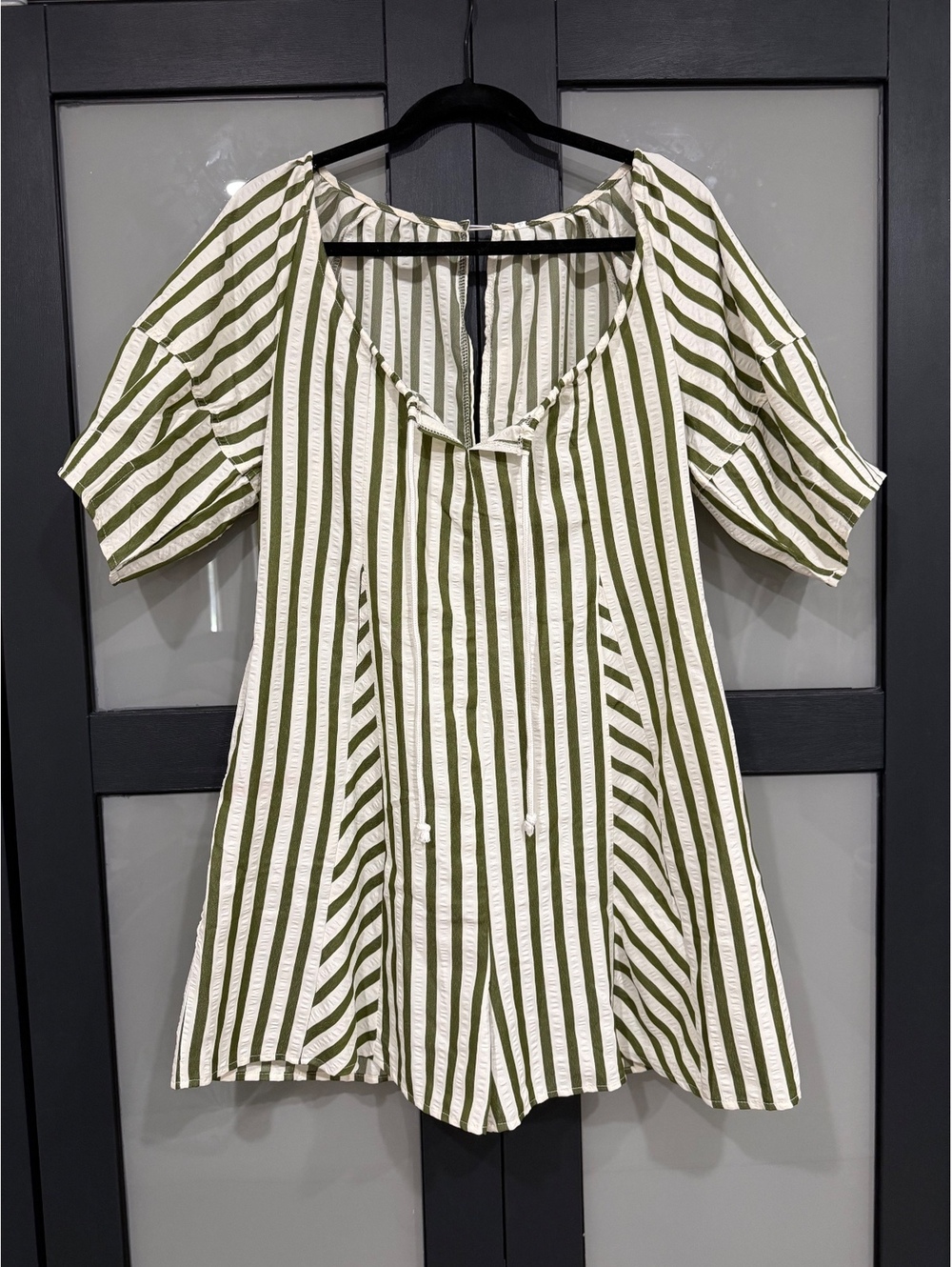 Olive Green & Cream Striped Oversized Romper – Size XS